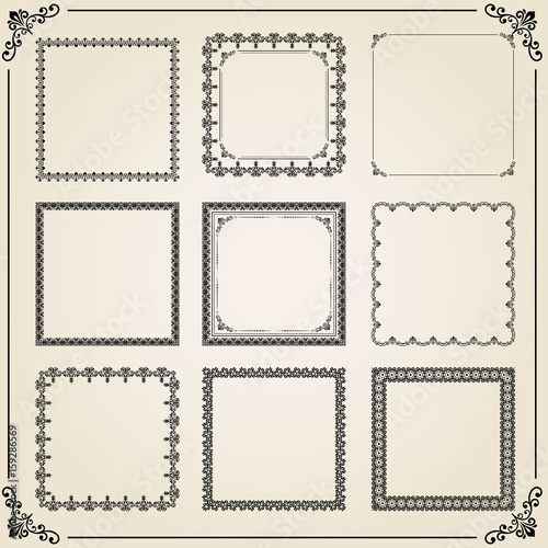 Vintage set of vector elements. Different square elements for decoration and design frames, cards, menus, backgrounds and monograms. Classic patterns. Set of vintage patterns