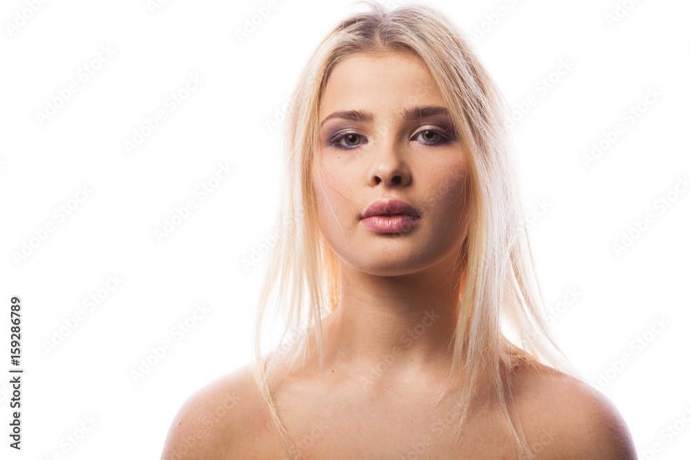 Young woman with purple makeup in studio photo. Young beauty. Healthy natural skin Young woman with purple makeup in studio photo. Young beauty. Healthy natural skin