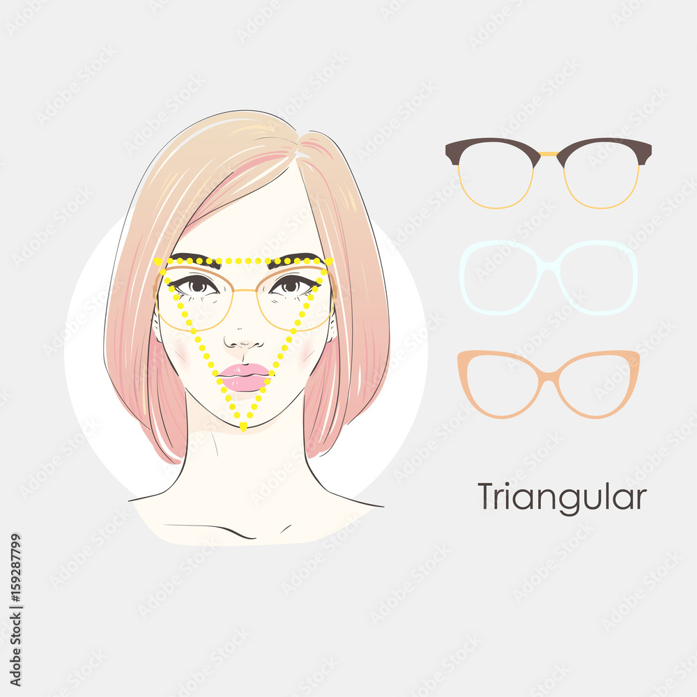 Vector set beautiful women portrait with different haircuts and shape of glasses for triangular type of faces. Hand drawn illustration. Vector set beautiful women portrait with different haircuts and shape of glasses for triangular type of faces. Hand drawn illustration.