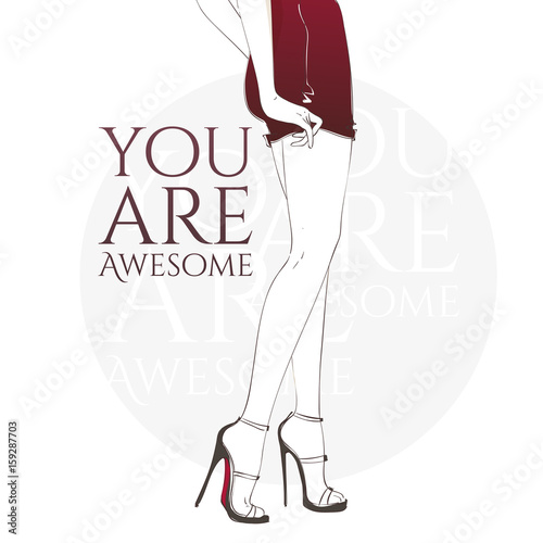Beautiful sexy girl in fitting reddress on high heels. Hand drawn vector illustration