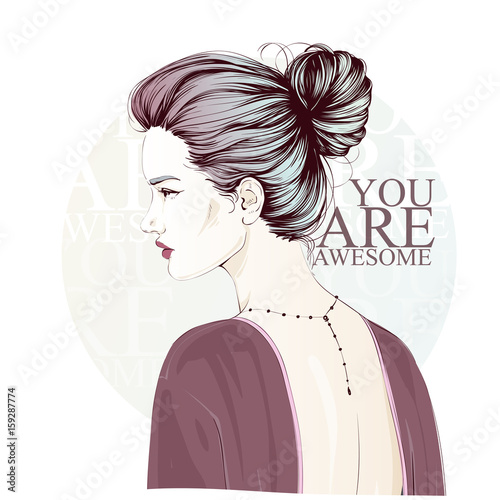 Hipster cute fashion girl in sketchy style. Vector hand drawn illustration.