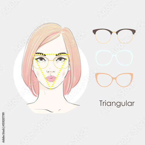 Vector set beautiful women portrait with different haircuts and shape of glasses for triangular type of faces. Hand drawn illustration.