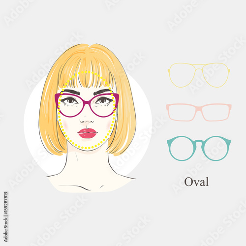 Vector set beautiful women portrait with different haircuts and shape of glasses for oval type of faces. Hand drawn illustration.