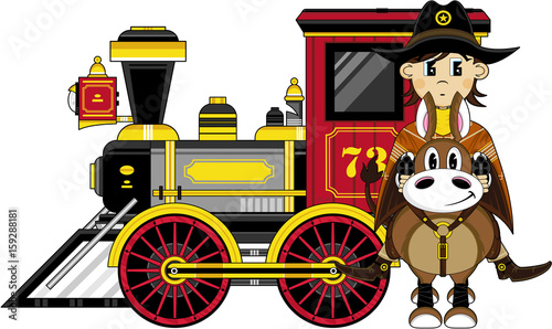 Cartoon Cowboy on Horse with Train