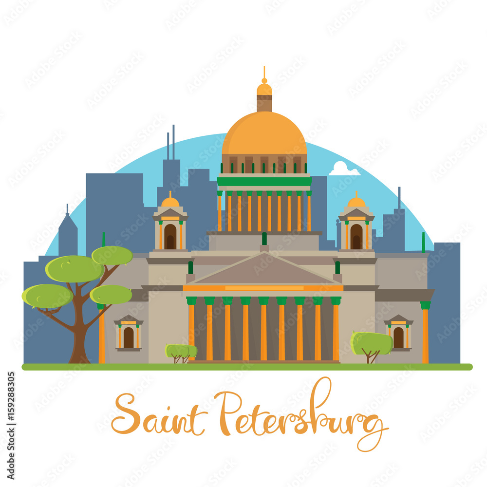 Saint Petersburg flat design Isaac cathedral with clouds