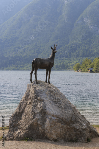 Bohinj, Slovenia - June 2, 2017: Gold Horned Chamois statue with Bohinj lake in background, Slovenia