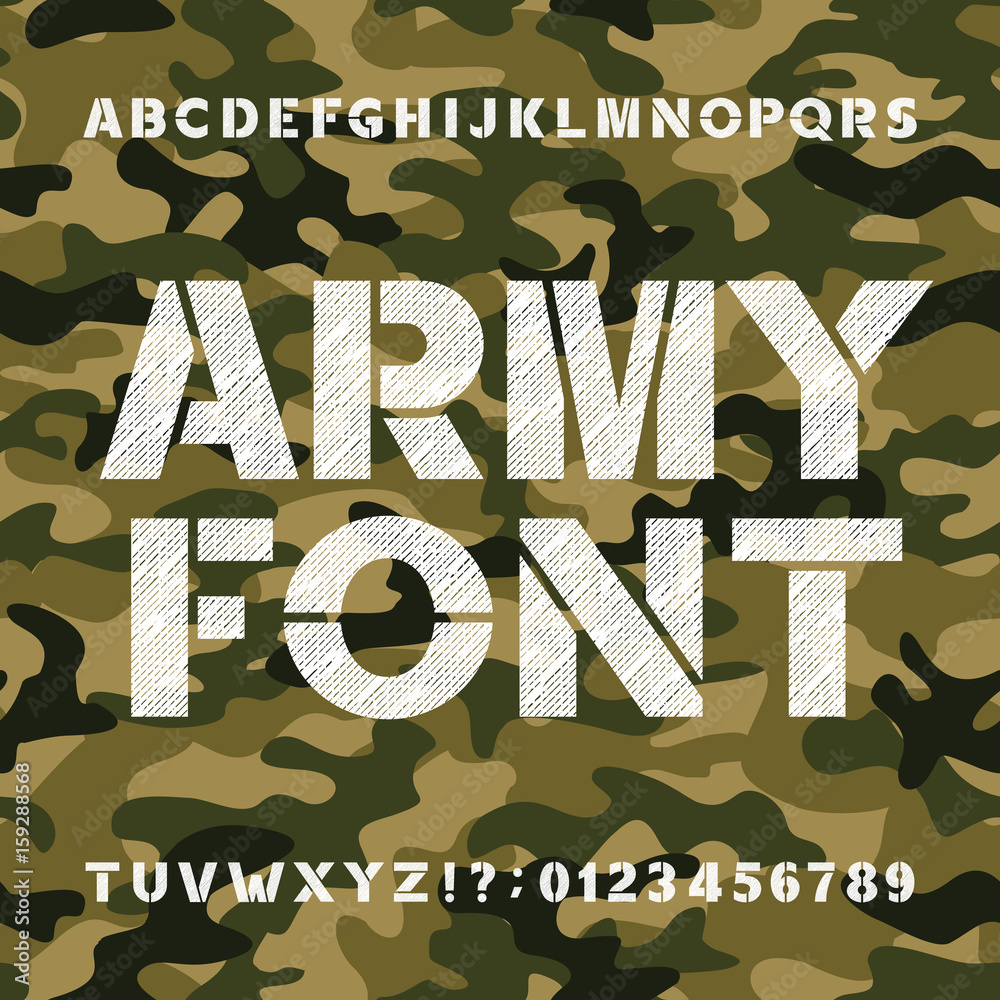 Army alphabet font. Scratched bold type letters and numbers on a seamless  camo background. Vector typography for your design. vector de Stock | Adobe  Stock