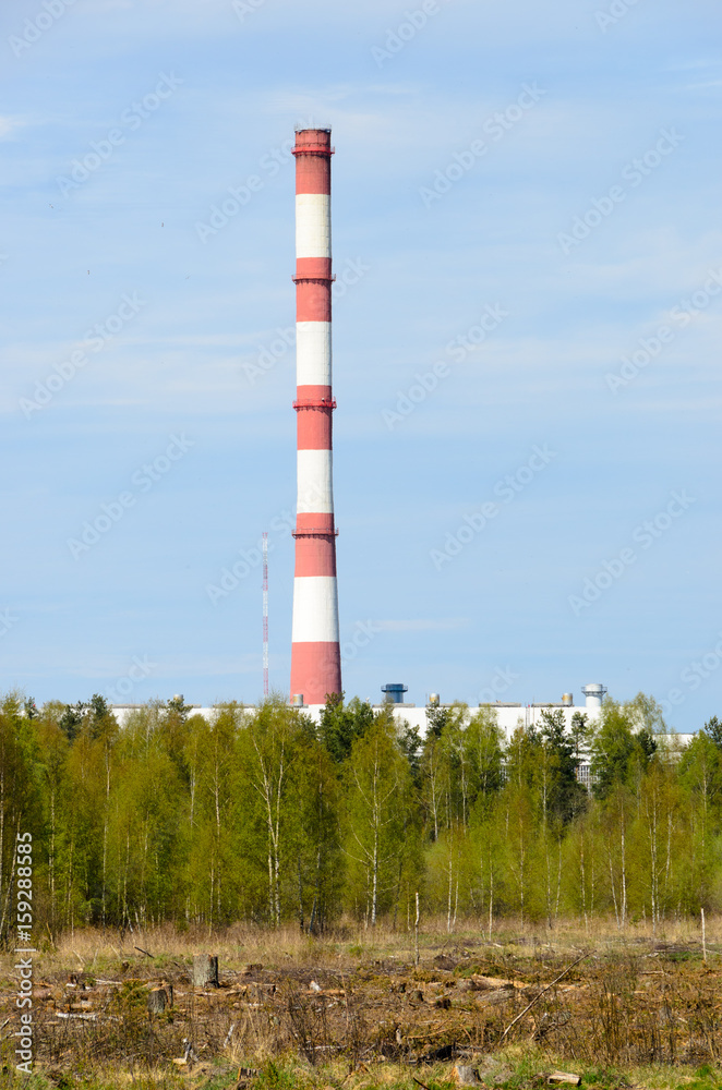 Central white-red heating chimney on thermal power station. Deforestation zone and trees on foreground.