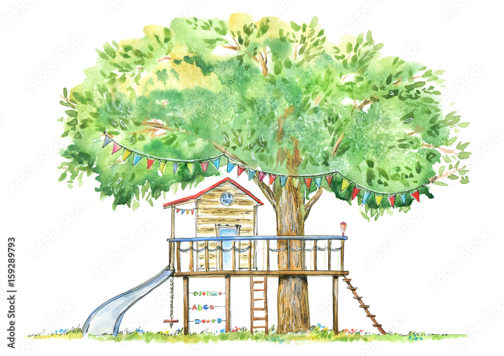 Obraz Dom na drzewie dla dzieci. Ślizgać się, suwak i domek do zabawek. Lato wizerunek. Biały tło. Dłoń akwarela ilustracja.