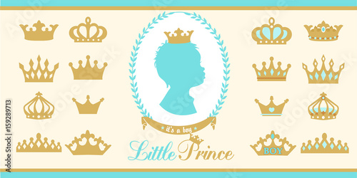 Gold and blue crowns set. Little prince design elements. Template silhouettes of crowns for laser cutting. Birthday party and boy baby shower decor.