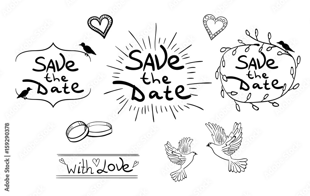 Save the Date. Set of hand drawn design elements. Vintage VECTOR. Black on white.