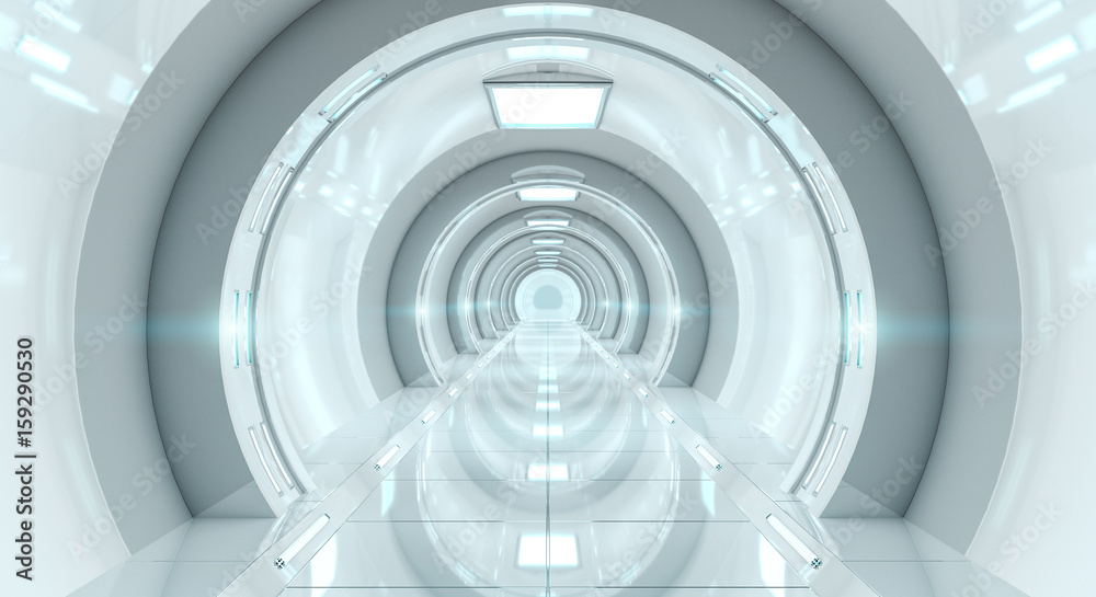 Naklejka premium Jasny futurystyczny statek kosmiczny korytarz renderowania 3D