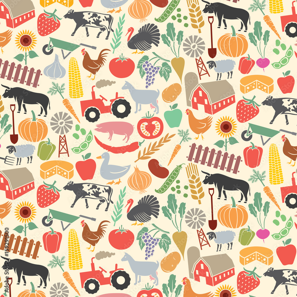 background pattern with agricultural icons (farm, windmill, tractor, cow, chicken, pig, sheep, goat, bull, vegetables, fruits, spade, shovel, fence) 