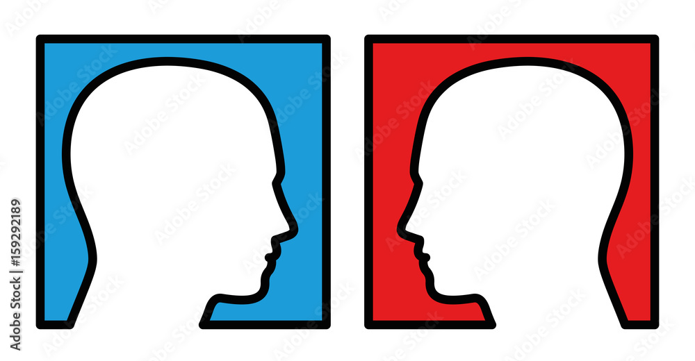 Opposition - two persons looking at each other, with blue and red background, symbolic for competition, rivalry, antagonist, opposer or disputer. Isolated vector illustration on white background.