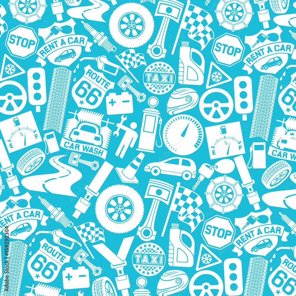 background pattern with car icons (auto and transport elements, tire track, seat belt, mechanic worker, spark plug, engine piston, taxi label, checkered flag, key) background pattern with car icons (auto and transport elements, tire track, seat belt, mechanic worker, spark plug, engine piston, taxi label, checkered flag, key)