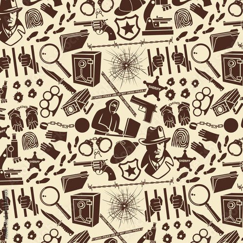 Background pattern with detective icons (Sherlock Holmes hat, hands in handcuffs, revolver, chain with shackle, bullet hole in glass, hacker, microscope, knife, magnifier, blood) 