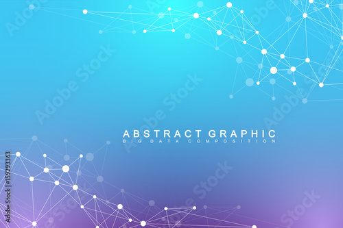Geometric abstract background with connected line and dots. Network and connection background for your presentation. Graphic polygonal background. Scientific vector illustration. © BAIVECTOR