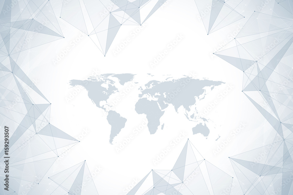 Geometric abstract background with connected line and dots. Network and connection background for your presentation. Graphic polygonal background with World Map. Scientific vector illustration. Geometric abstract background with connected line and dots. Network and connection background for your presentation. Graphic polygonal background with World Map. Scientific vector illustration.