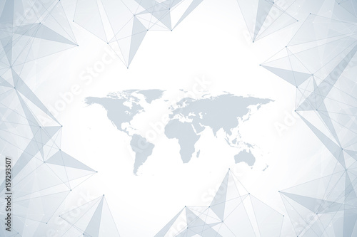 Geometric abstract background with connected line and dots. Network and connection background for your presentation. Graphic polygonal background with World Map. Scientific vector illustration.