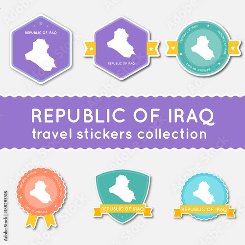 Iraq travel stickers collection. Big set of stickers with country map and name. Flat material style badges vector illustration.
