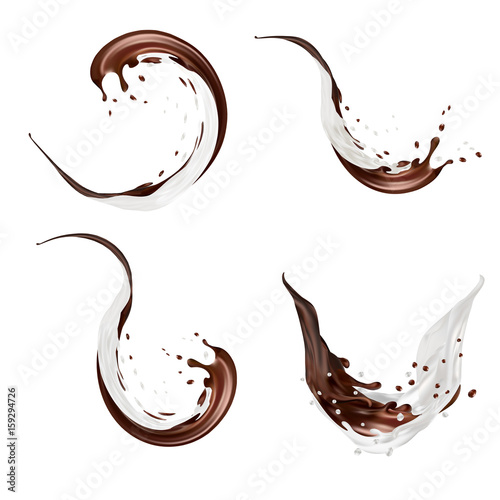 Milk and chocolate splashes vector isolated over white background. pouring liquid or milkshake falling with drops and blots. 3d illustration.