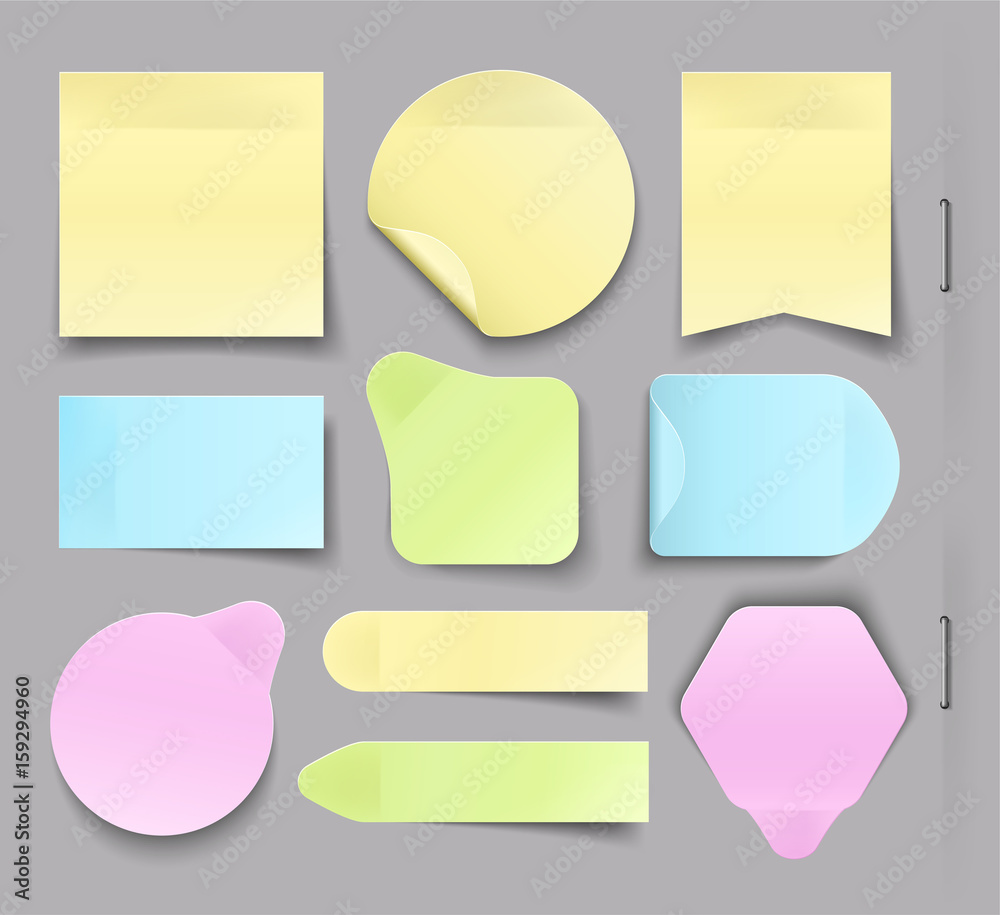 Collection of different office paper sticky, Stickers with shadow isolated on a gray background. Collection of different office paper sticky, Stickers with shadow isolated on a gray background.
