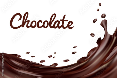 Chocolate splashes background. Brown hot coffee or chocolate with drops and bolts isolated on white background, vector 3d illustration