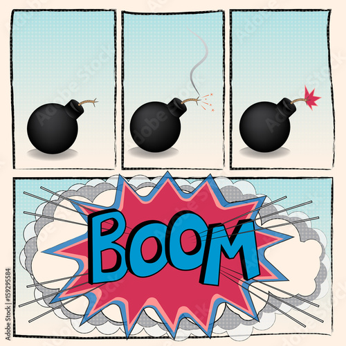 vector illustration of a vintage comic style. stages of blasting round bomb. the inscription boom amid clouds of explosion