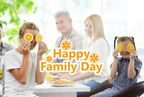 Happy large family having b...