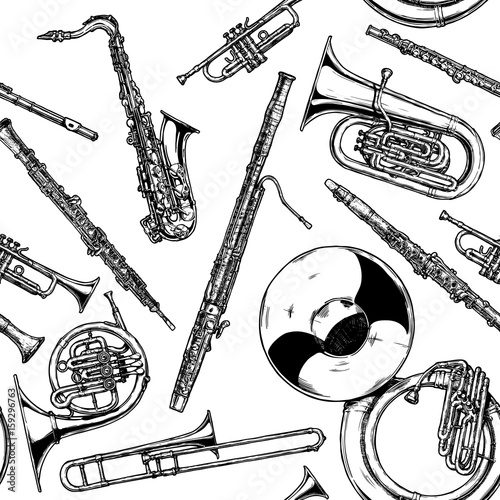 Seamless pattern with woodwind and brass musical instrument