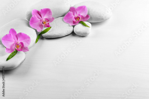 Spa stones with orchid flowers and bamboo leaves on white background