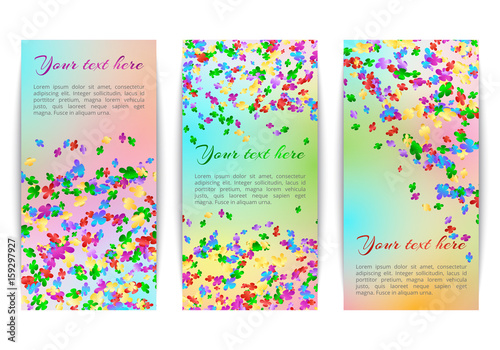 Set of vertical banners with bright falling confetti on a multicolor background

