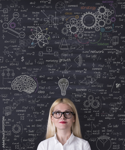 Business woman thinking on the blackboard