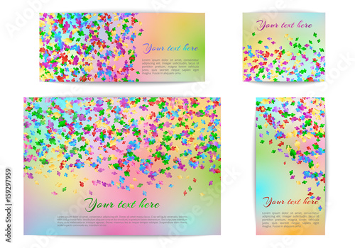 A set of banners of different sizes with falling confetti on a multicolored background
