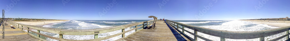 Tourists walk along St Johns County Ocean Pier in St Augustine, FL