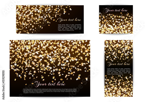 Set of banners of different sizes with falling stars of confetti on a dark background