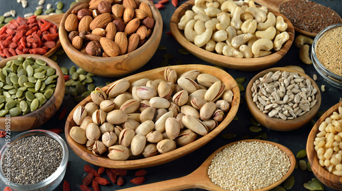 Different super foods on a gray background