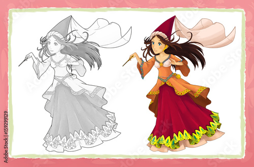 cartoon fairy tale character - princess / coloring page - illustration for children