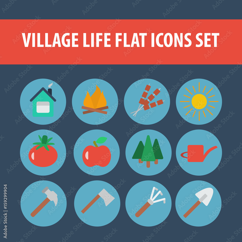 Flat icons village life set