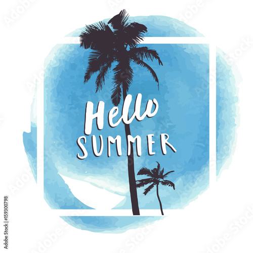 Hello Summer. Watercolor hand drawn greeting card with palm tree silhouettes photo