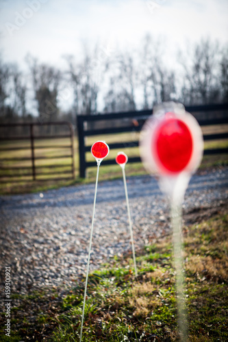 Red warning signs on the side of a gravel road © William