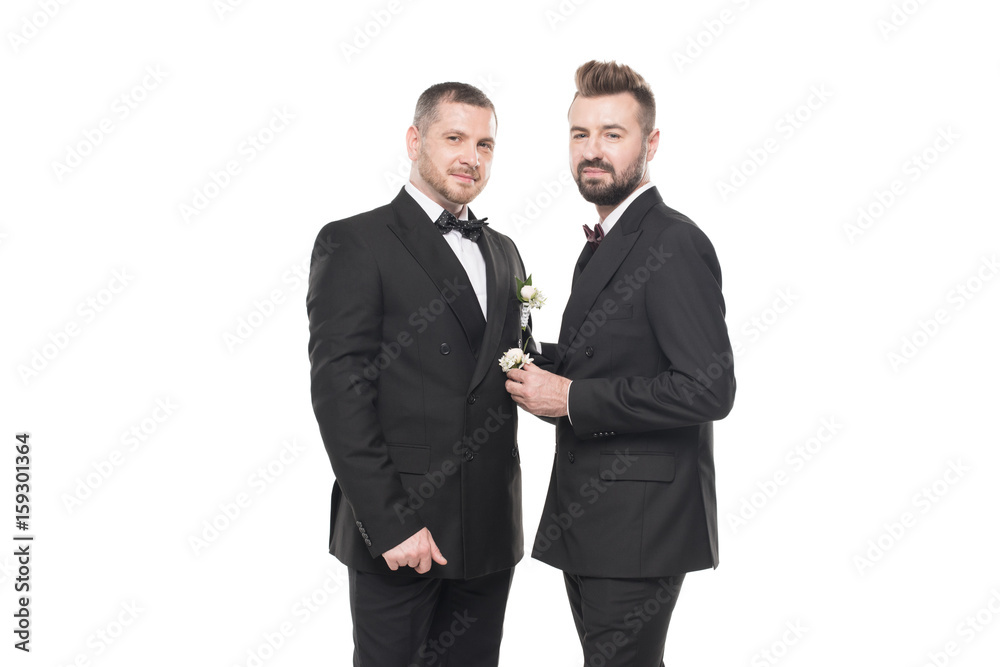 homosexual couple of grooms in suits posing and looking at camera isolated on white homosexual couple of grooms in suits posing and looking at camera isolated on white