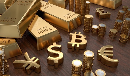 3D rendered illustration of gold bars and golden currency symbols. Stock exchange and banking concept. photo