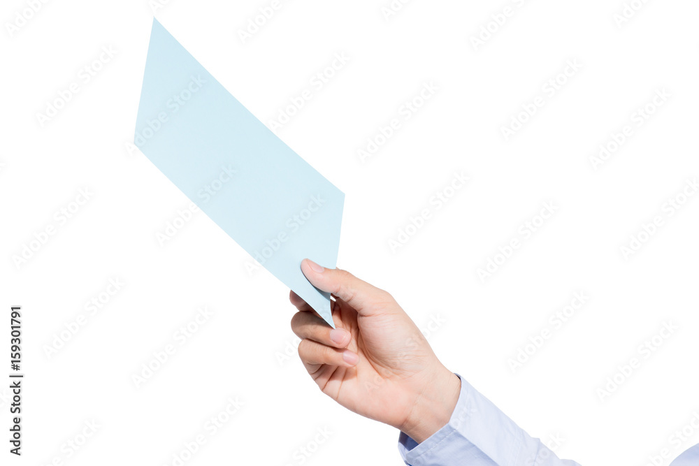 Hand holding blue paper isolated on white Hand holding blue paper isolated on white