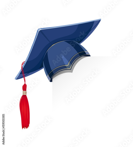 Blue academicic graduation cap paper corner. Students ceremony.