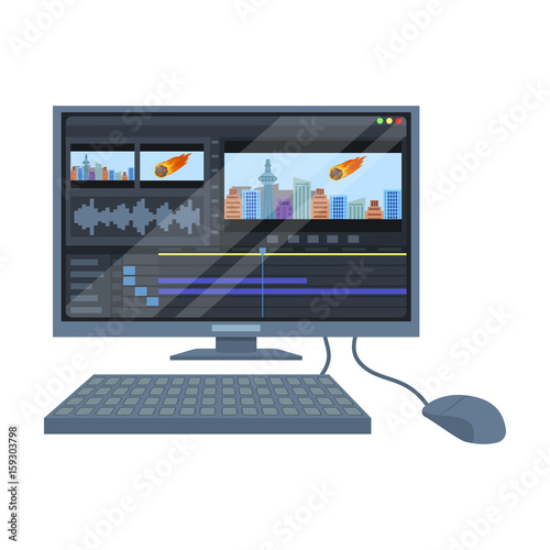 Computer with keyboard.Making movie single icon in cartoon style vector symbol stock illustration .