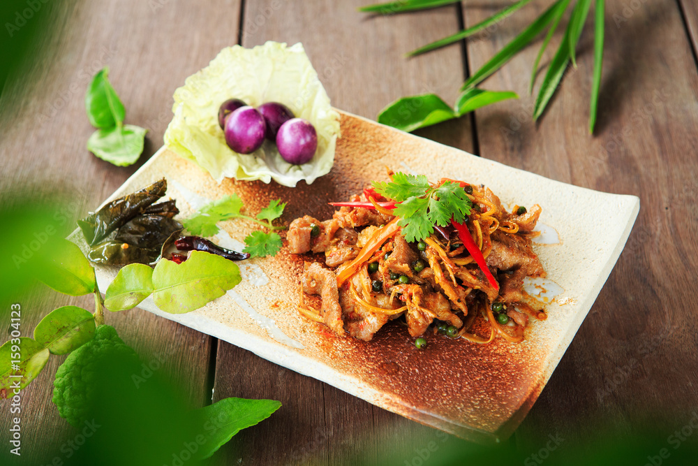 Fried spicy boar food Thailand culinary herbs