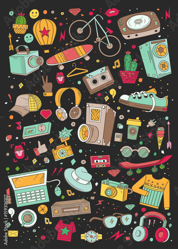 Collage elements. Templates elements of sport, clothes, equipment, music and style. Background vector illustration