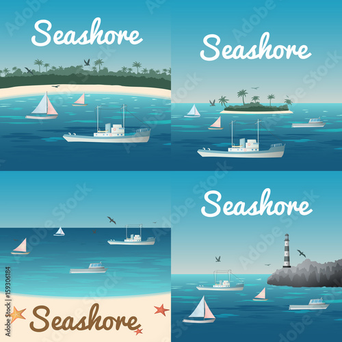 Four square nautical colored set with boats on beach. Vector