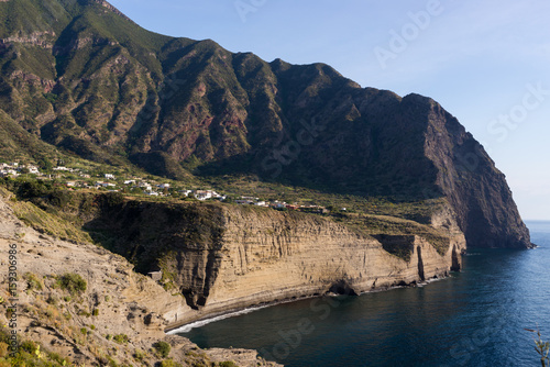 Pollara famous reef cliff view with fisherman houses from italian film Il Postino The Postman in summer at sunset